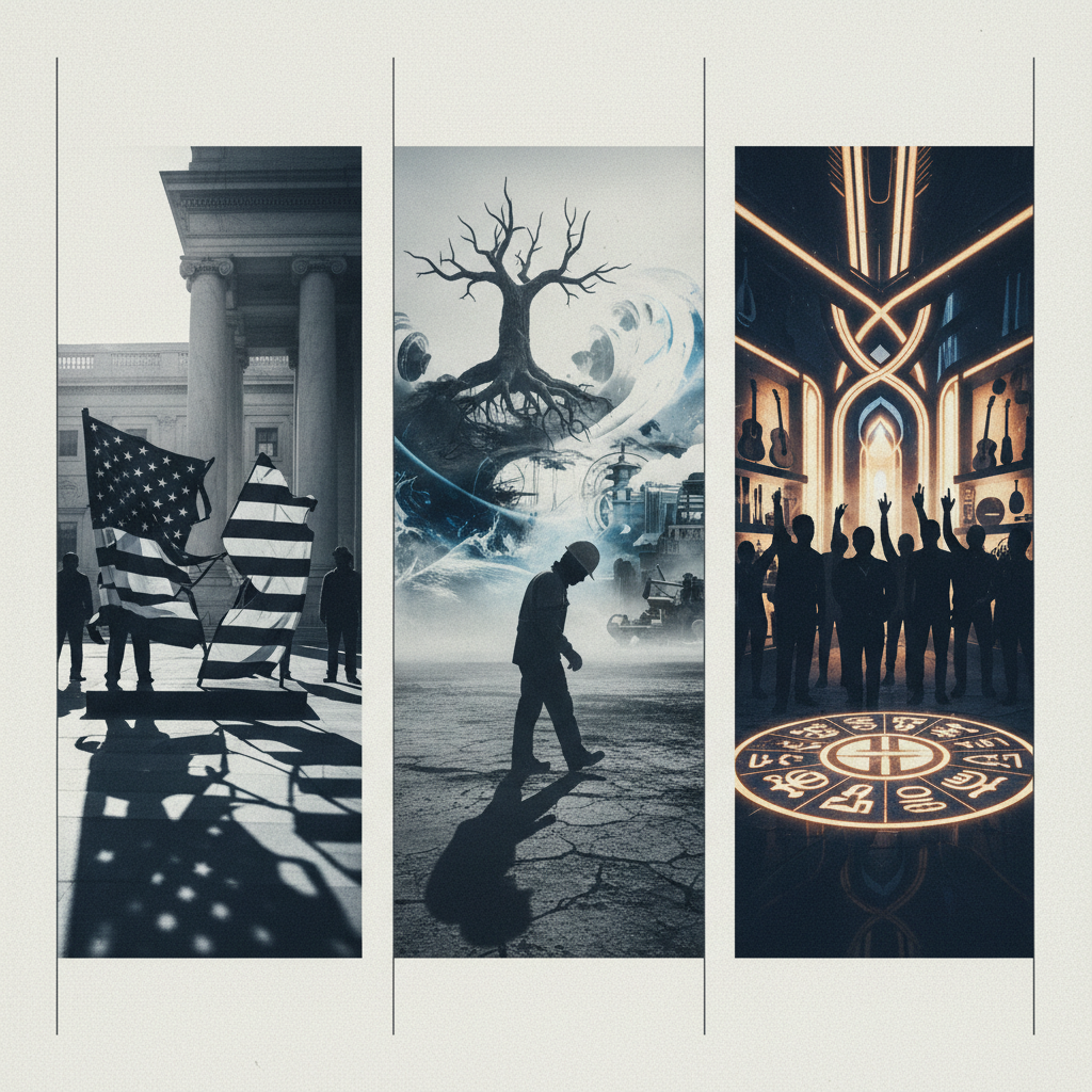 Today's Editorials: US Politics' Deepening Divides, Climate Impact on Workers, and Cultural Resurgence – redaktionell illustration