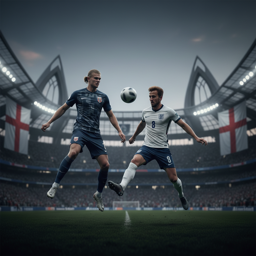 England möter Norge i VM-kvartsfinal – Haaland mot Kane – redaktionell illustration