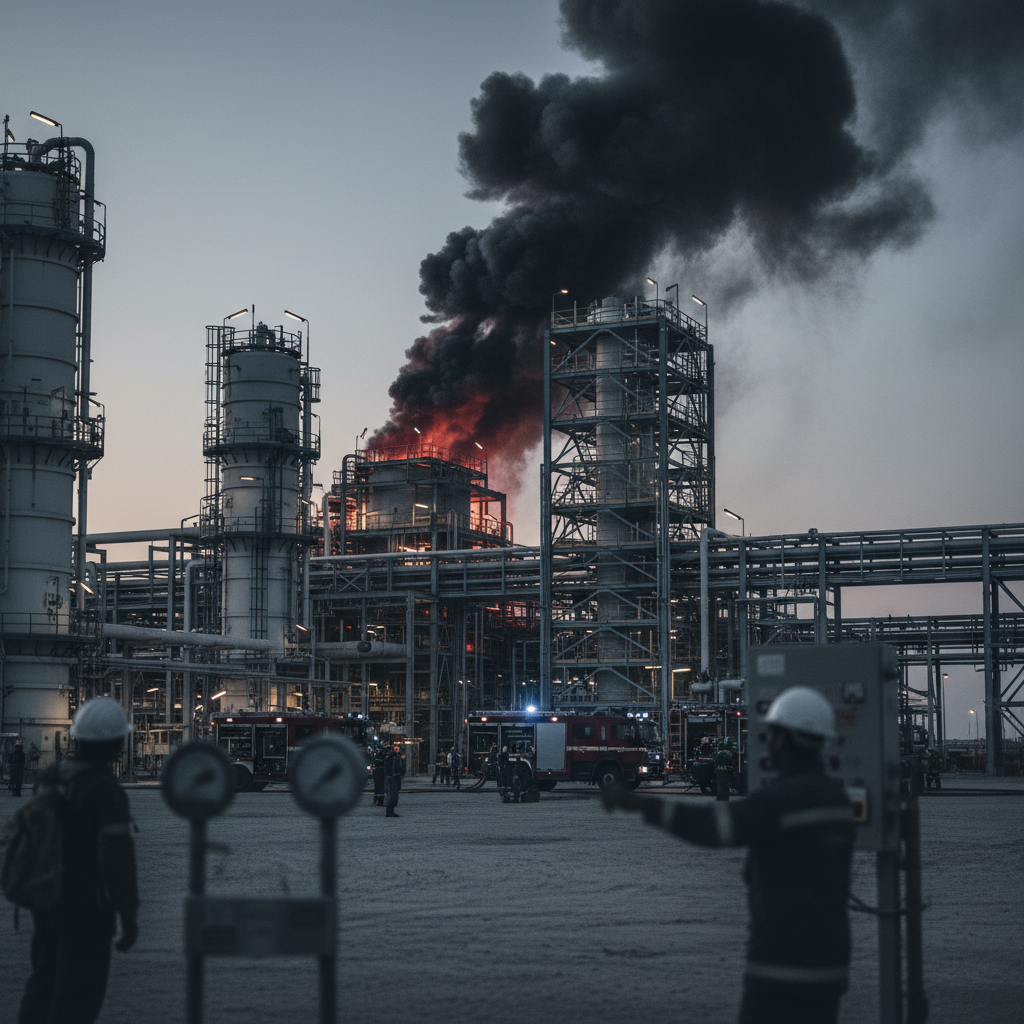 Explosion vid fabrik i Ras Laffan, Qatar – inga allvarliga personskador – redaktionell illustration