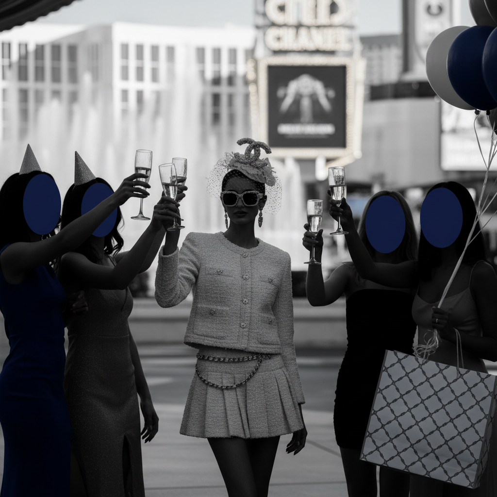 Gabbriette firar möhippa i Las Vegas med vintage Chanel – redaktionell illustration