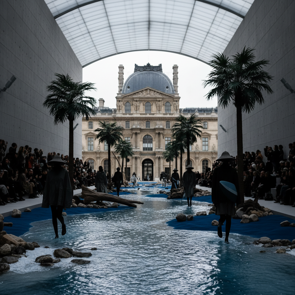 Pharrell Williams förvandlar Louis Vuittons catwalk till en konstgjord kustlinje i Paris – redaktionell illustration