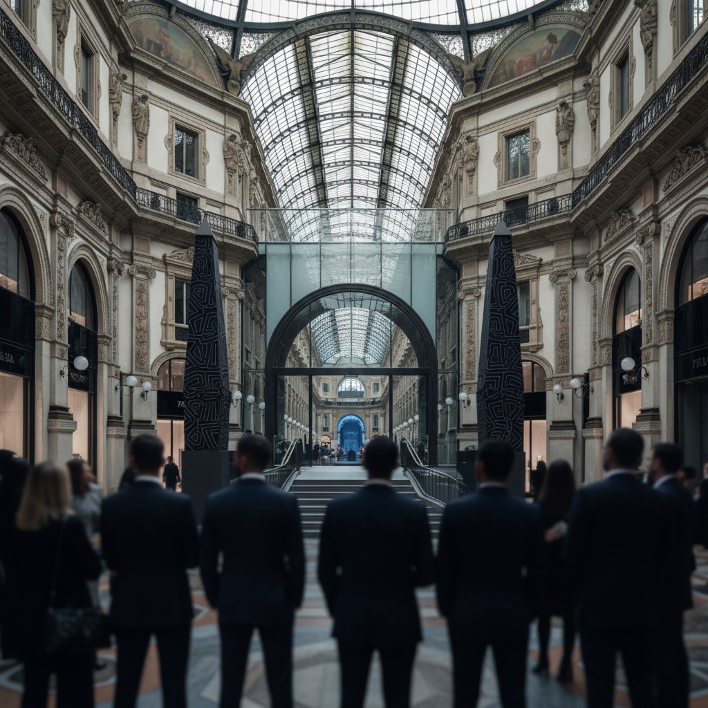 Prada öppnar ny flaggskeppsbutik i Milano med underjordisk passage – redaktionell illustration