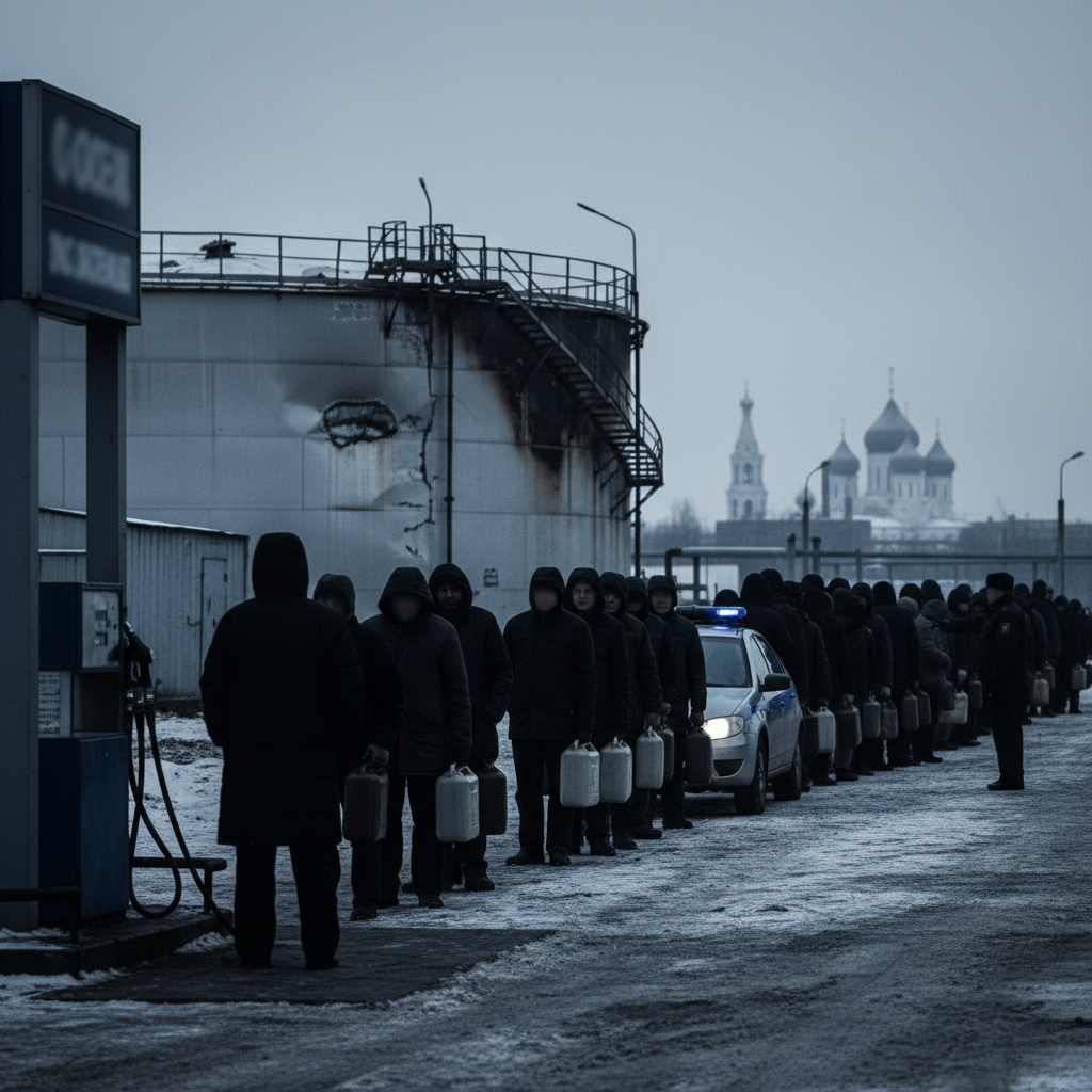Ryssland begränsar bränsleförsäljning i Saratov efter drönarattacker – redaktionell illustration