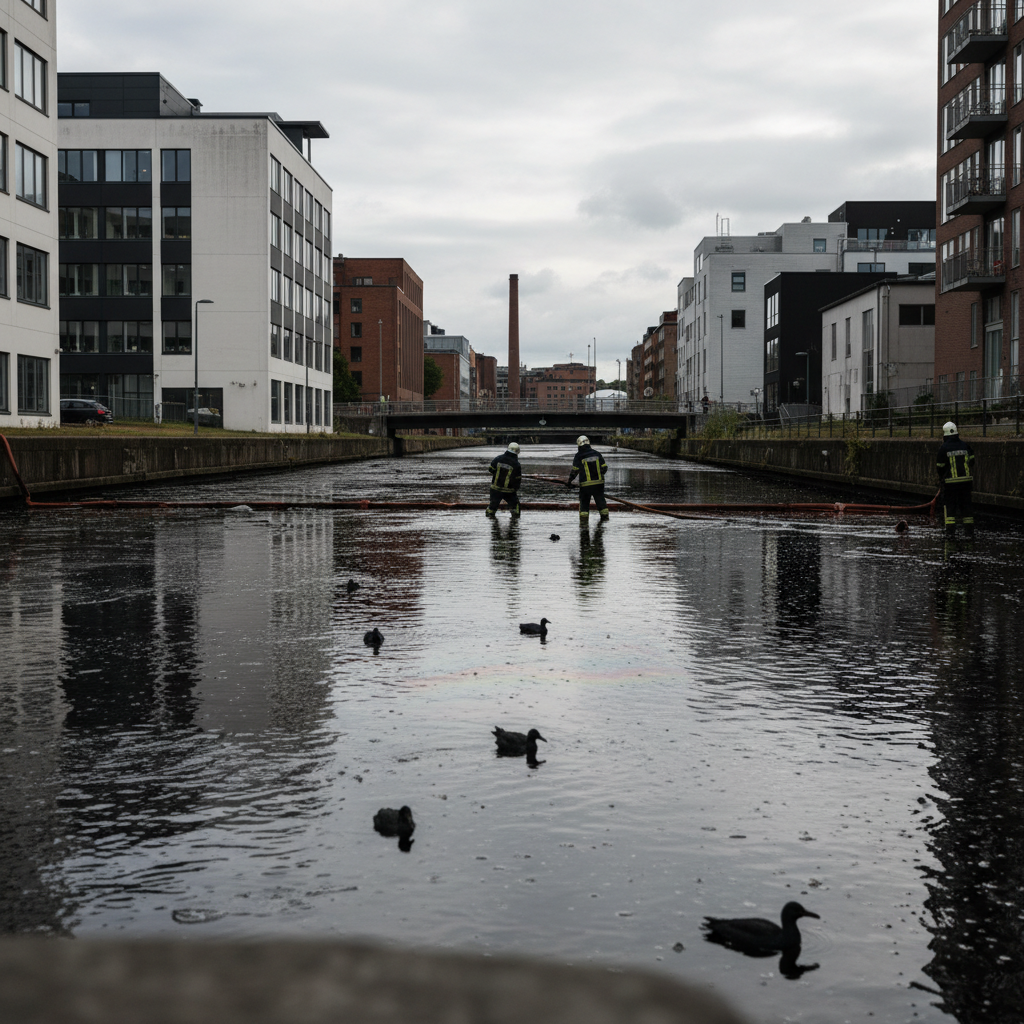 Stort oljeutsläpp i Kvillebäcken i Göteborg – redaktionell illustration