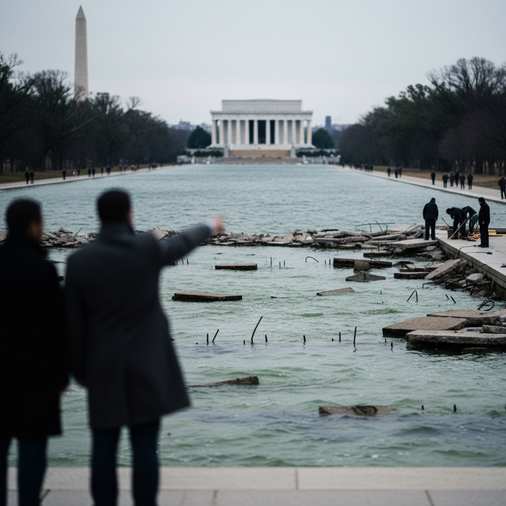 Trump anklagar vandalism för problem med Reflecting Pool – redaktionell illustration