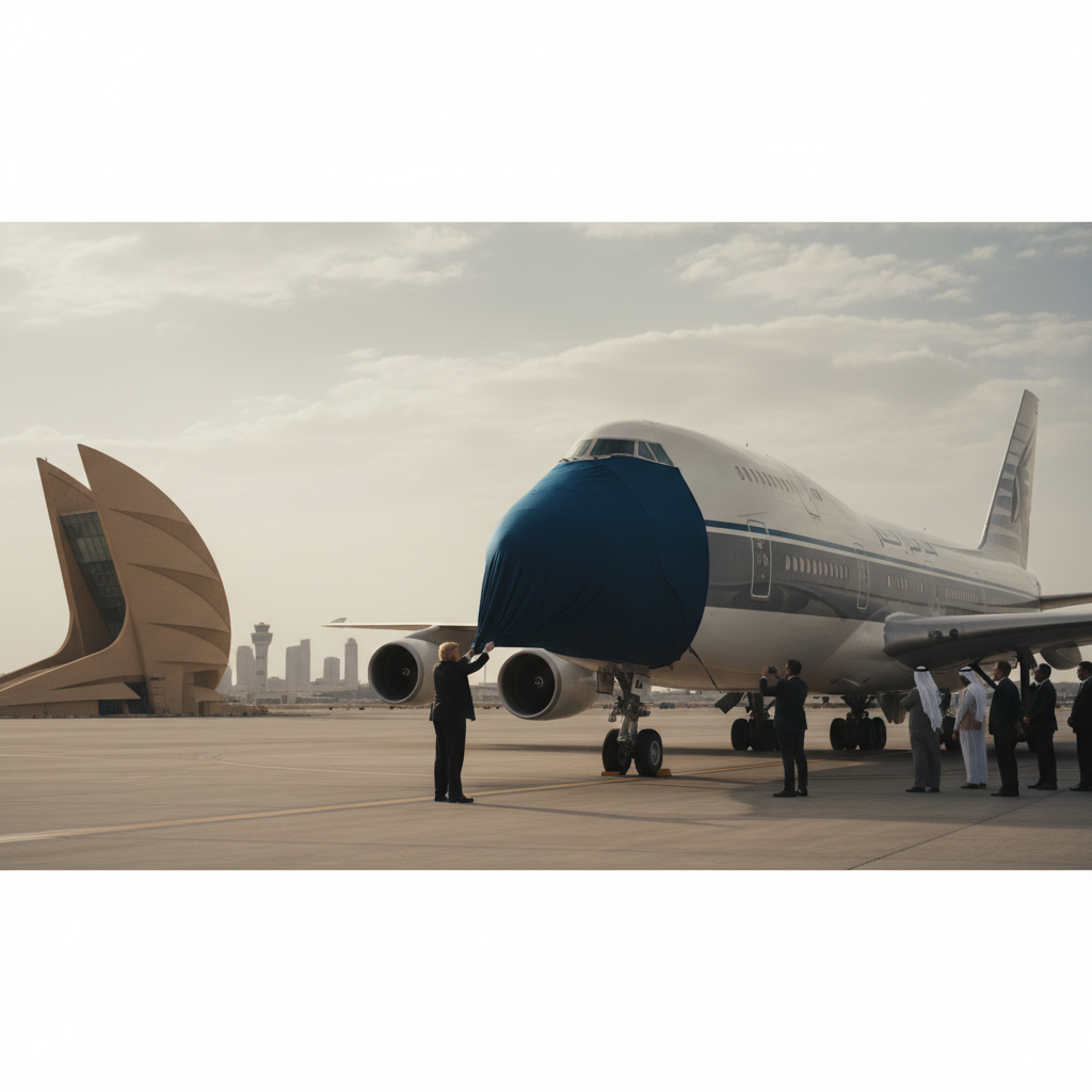 Trump avtäcker ny Air Force One, donerad av Qatar – redaktionell illustration