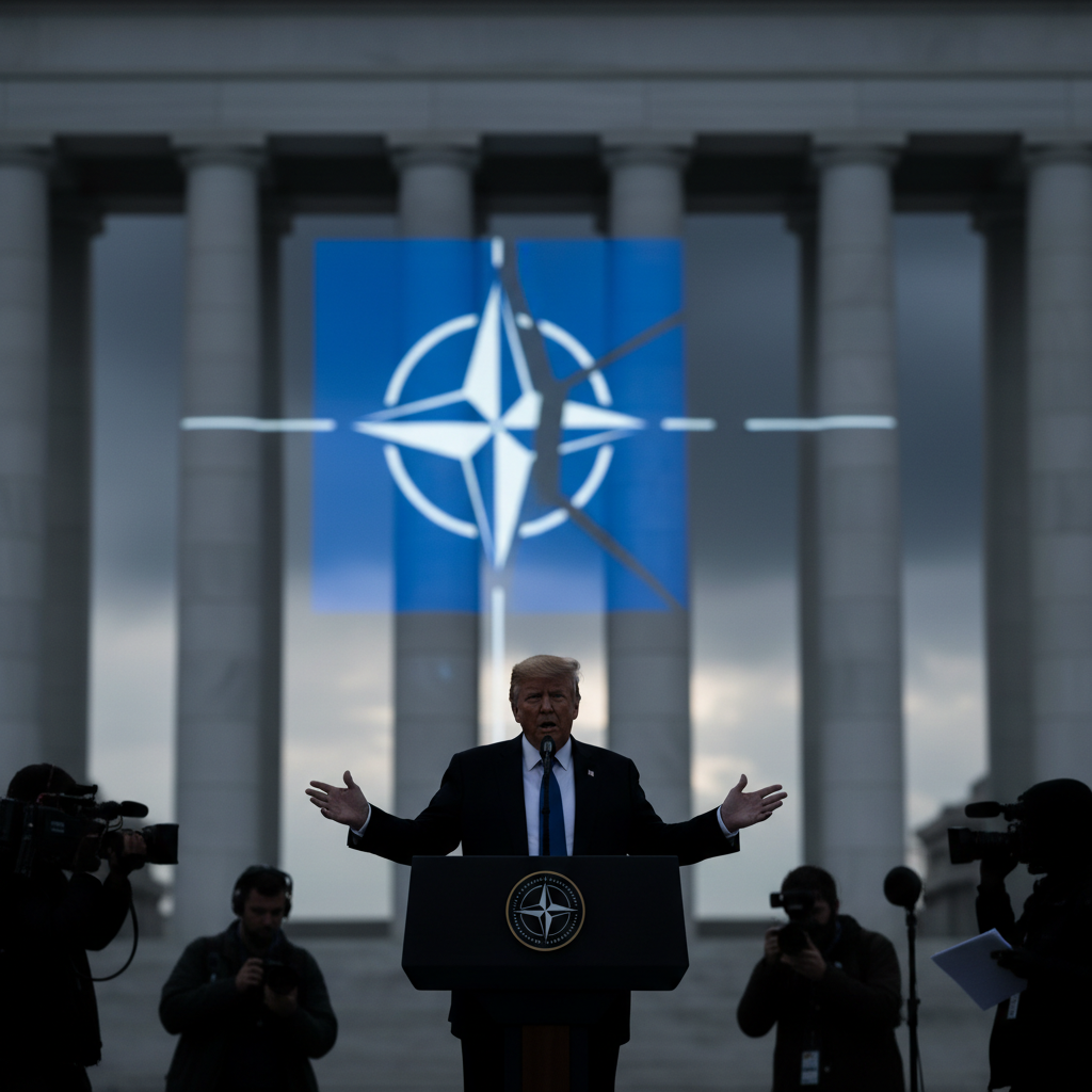 Trump ifrågasätter USA:s åtagande gentemot Nato-länder – redaktionell illustration