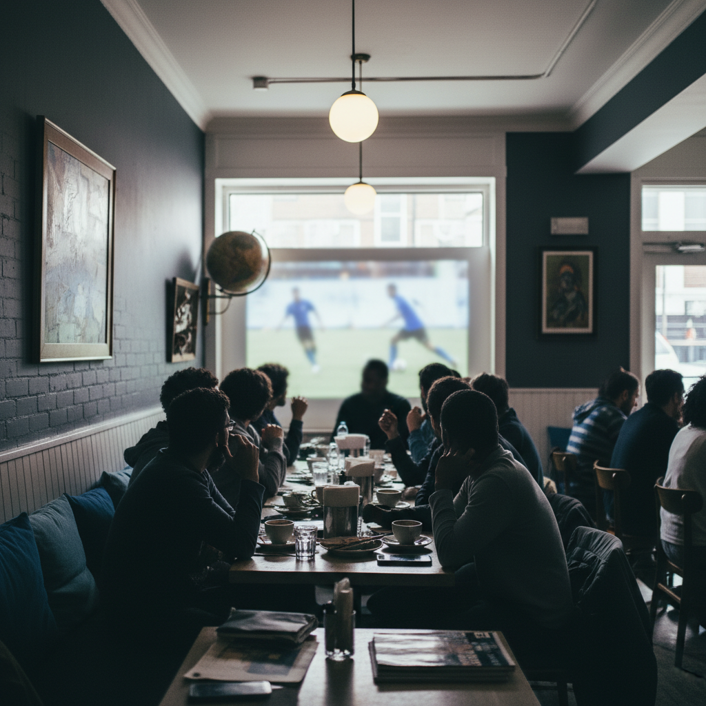 VM-fotboll och kulturmöten på Café Rue Dix – redaktionell illustration