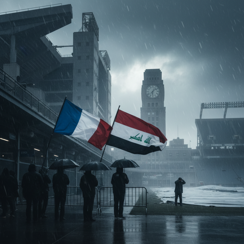 VM-match mellan Frankrike och Irak försenad på grund av väder – redaktionell illustration