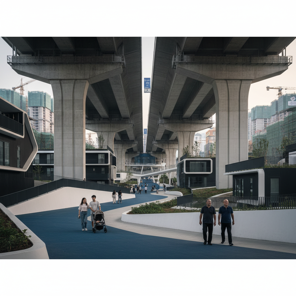 Wuhan Heye Mountain Bridge-Under Space Renewal: Ett nytt stadsutvecklingsprojekt – redaktionell illustration