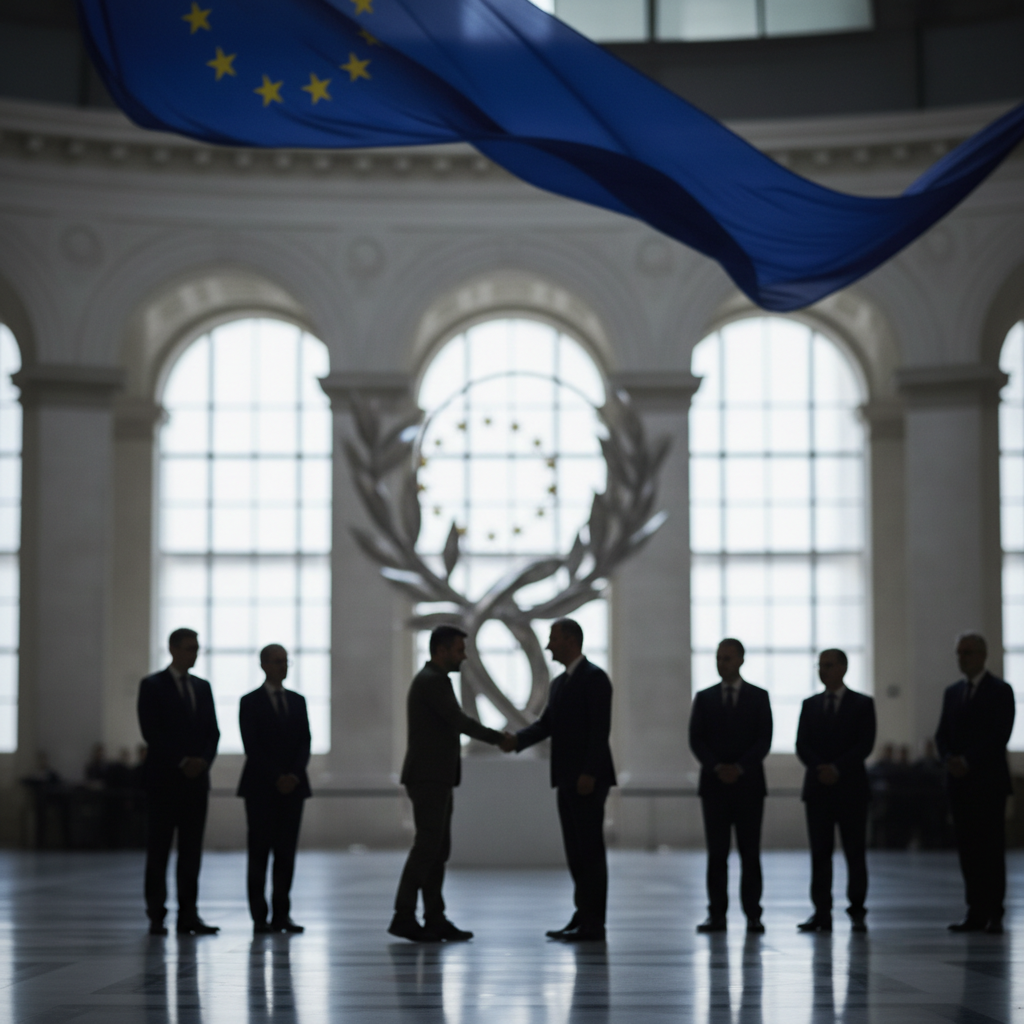 Zelenskyj möter EU-ledare i Bryssel för att diskutera anslutning och fred – redaktionell illustration